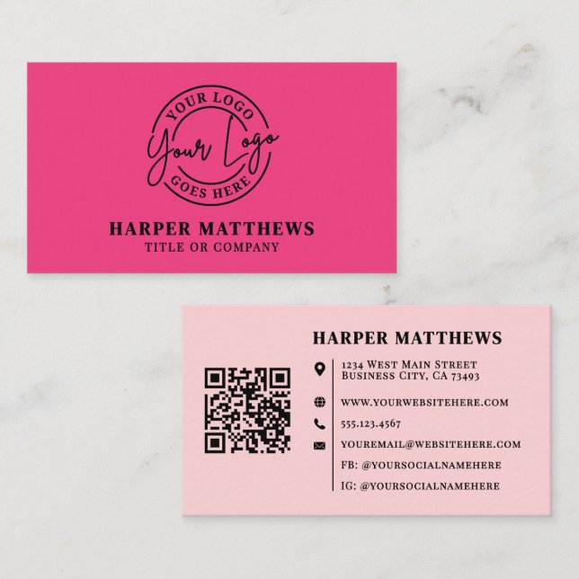 Cartão De Visita Pink Modern Minimalist Logo QR Code Business Card (Frente/Verso)