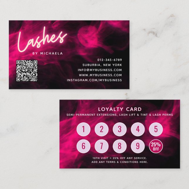 Cartão De Visita Pink Neon & Smoke Lash Salon QR Code Loyalty Card (Frente/Verso)