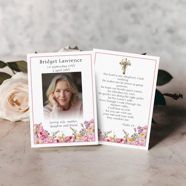 Cartão De Visita Pink Peonies Memorial Photo Psalm 23 Prayer Card (Criador carregado)