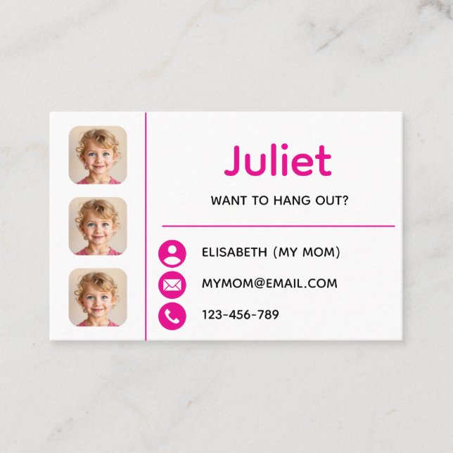 Cartão De Visita Pink Photo Kids Playdate Card (Frente)