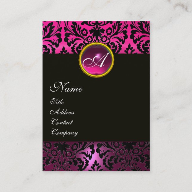 Cartão De Visita PINK PRETO AMETIST DAMASK MONOGRAM Fuchsia Floral (Frente)