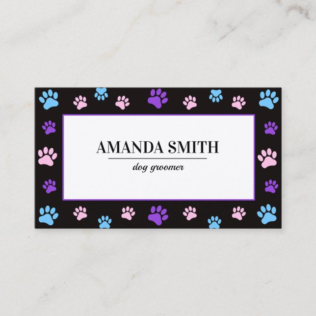 Cartão De Visita Pink Purple Blue Paw Prints Pet  Business Card (Frente)