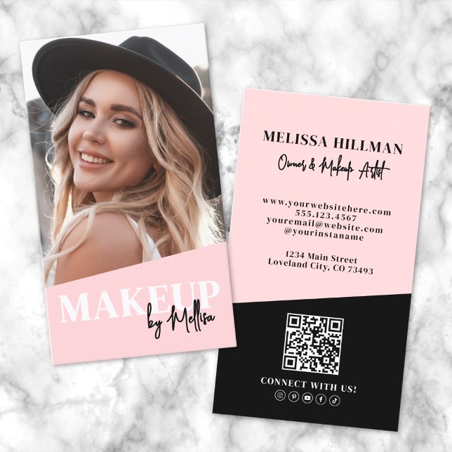 Cartão De Visita Pink QR Code Photo Makeup Vertical (Blush Pink QR Code Photo Makeup Vertical Business Card)