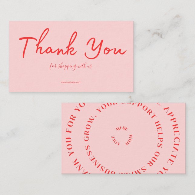 Cartão De Visita Pink Script Thank You Card Made With Love Business (Frente/Verso)