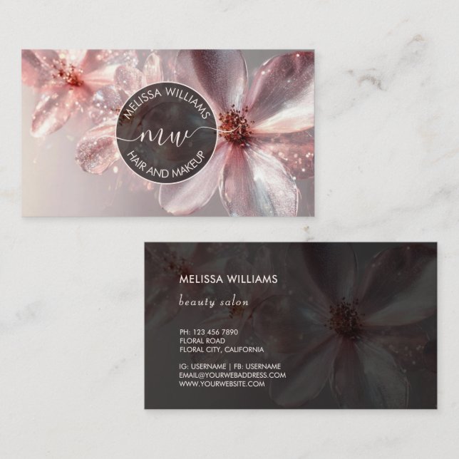 Cartão De Visita Pink Shiny Floral Logo Initials Business Card (Frente/Verso)