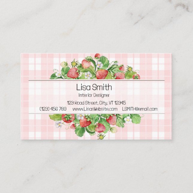 Cartão De Visita Pink Strawberry Gingham Business Card  (Frente)