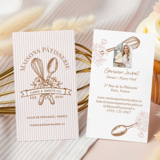 Cartão De Visita Pink Stripe Floral Whisk Spoon Pastry Bakery Chef (Pink Stripe Floral Whisk Spoon Pastry Bakery Chef Business Card)