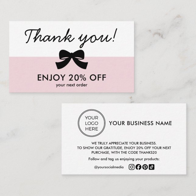 Cartão De Visita Pink Thank You Logo Business Discount Card (Frente/Verso)