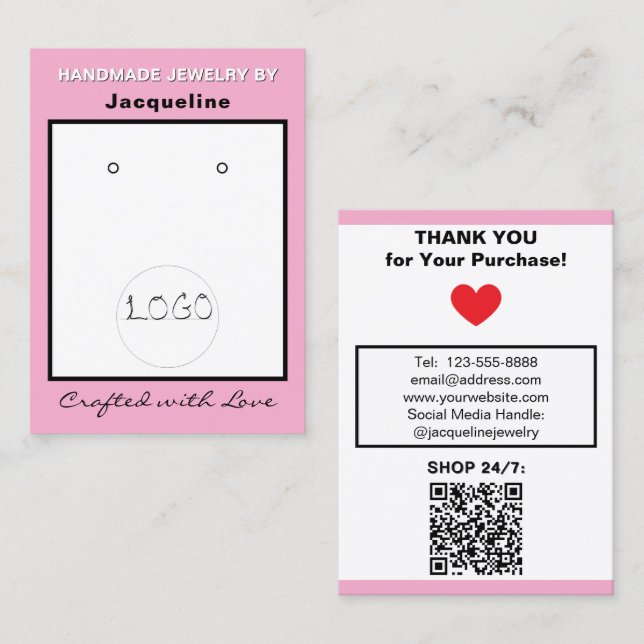 Cartão De Visita Pink White Jewelry Earrings Logo QR Code (Frente/Verso)
