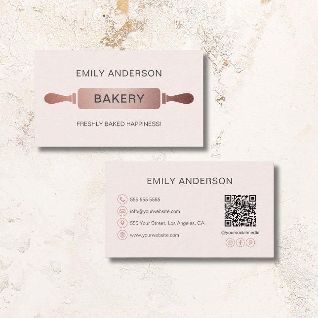 Cartão De Visita Pino Rolante Cor-de-rosa-Blush Dourado rosa (Rose Gold Blush Pink Rolling Pin Bakery Business Card)