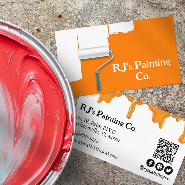 Cartão De Visita Pintor Profissional de Pintura Laranja e Branca (Professional Painter Business Cards White with Orange Paint Drips, Paint Roller, and QR Code)