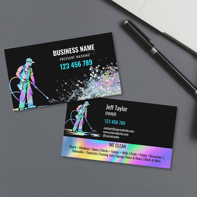 Cartão De Visita Piso de força de lavagem da pressão profissional (holographic foil power washer with water splash business cards)