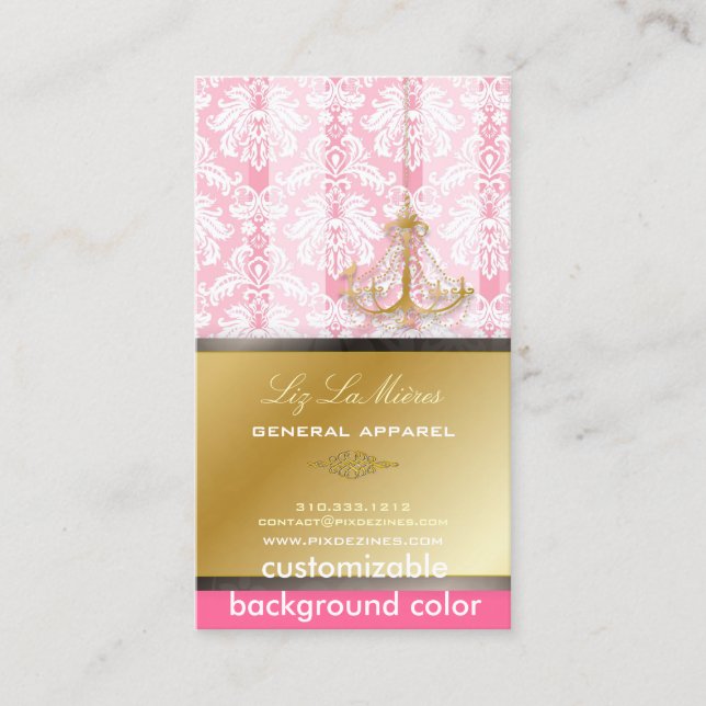 Cartão De Visita PixDezines Chandelier + Damask/ Fuschia+Dourado La (Frente)