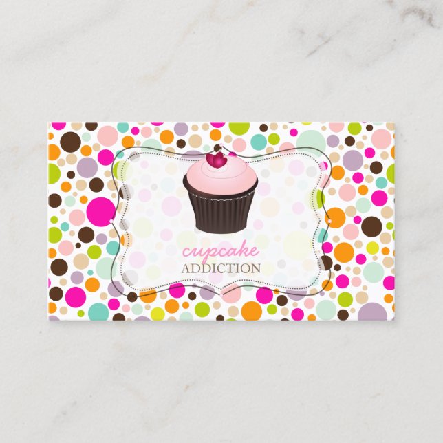 Cartão De Visita PixDezines cupcake+bolinhas arco-íris (Frente)