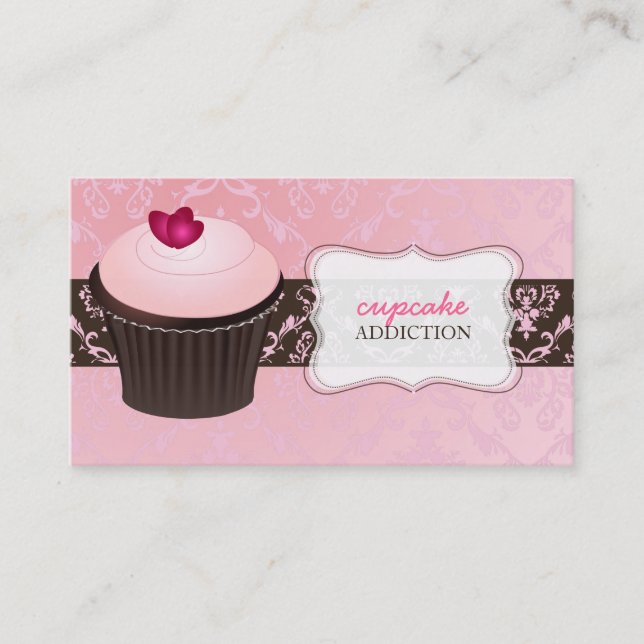 Cartão De Visita PixDezines, cupcake de coração rosa+damasco chanta (Frente)