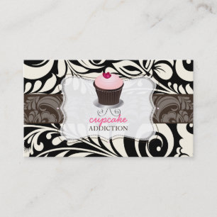 Cartão De Visita PixDezines, cupcake de coração rosa+damask
