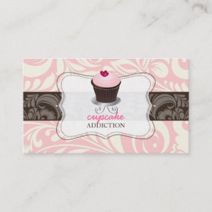 Cartão De Visita PixDezines, cupcake de coração rosa+damask