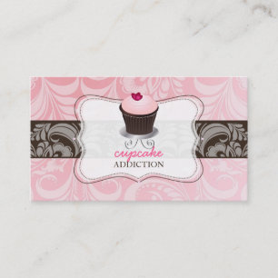 Cartão De Visita PixDezines, cupcake de coração rosa+damask