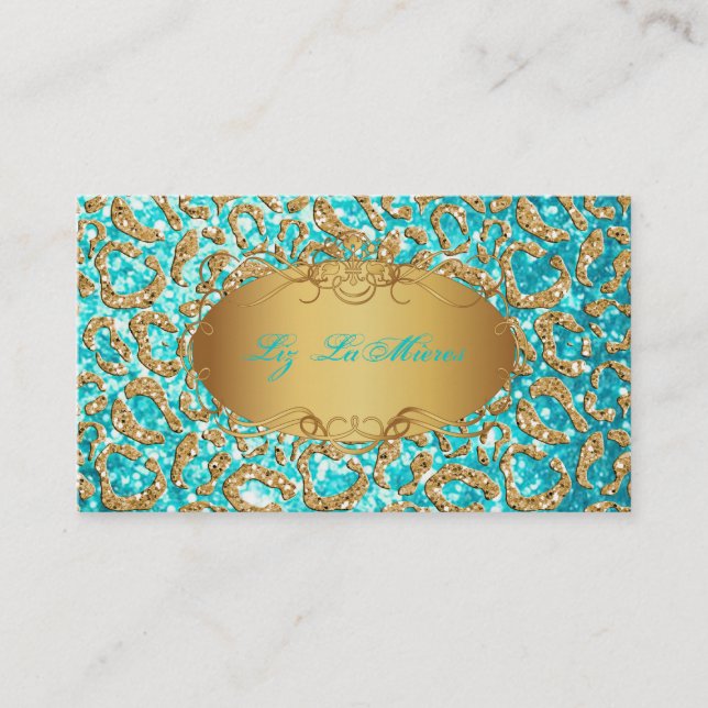 Cartão De Visita PixDezines faux glitter jaguar/teal+gold (Frente)