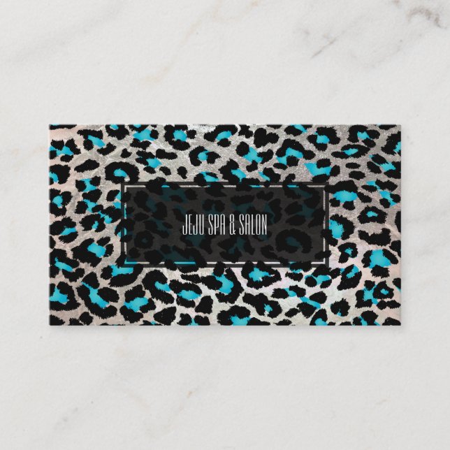 Cartão De Visita PixDezines leopardo/teal elétrico/faux prata (Frente)