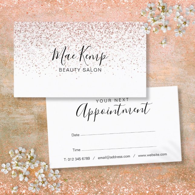 Cartão De Visita Placa de Compromisso Glitter Dourada com Rosa de S (Elegant Script Rose Gold Glitter Appointment Card)