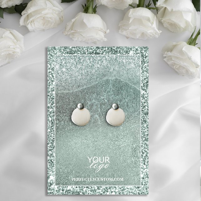 Cartão De Visita Placa de exibição de leitura com brilho inspirado  (Ocean-Inspired Glitter Earring Display Card #sagegreen #greeneryglitter #chick;earringdisplaycard)