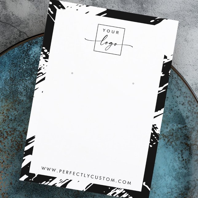 Cartão De Visita Placa de exibição do brinco de escova preta e bran (Black and white brushstrokes earring display card)