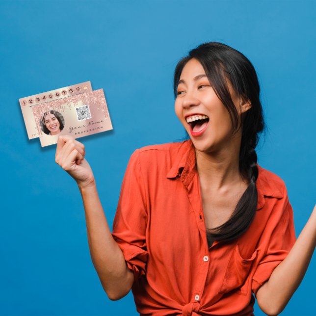 Cartão De Visita Placa de Lealdade 10 Punch Crown Rosa Dourada Foto (Loyalty Card 10 Punch Crown Rose Gold QR Photo)