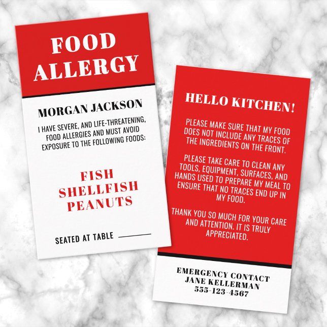 Cartão De Visita Placa de segurança da Cozinha Alérgica da comida (Food Allergy Kitchen Safety Card)