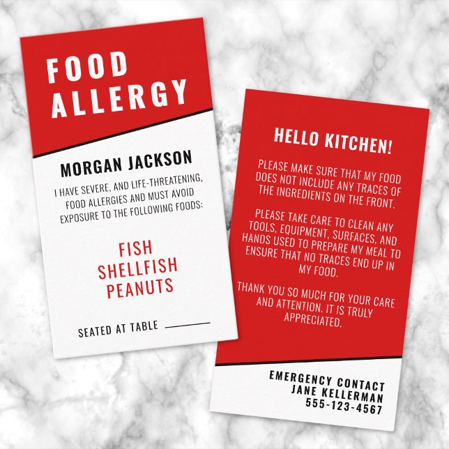 Cartão De Visita Placa de segurança da Cozinha Alérgica da comida (Food Allergy Kitchen Safety Card )