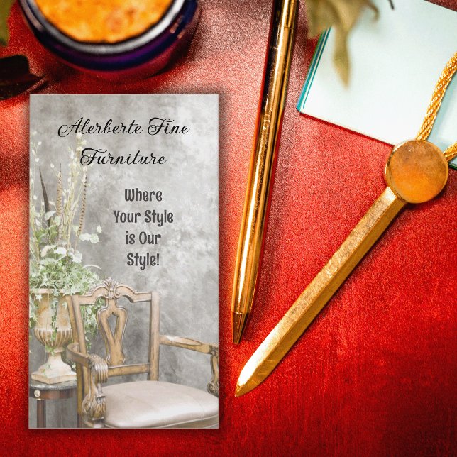 Cartão De Visita Placa floral e Rico legante vertical (Elegant business card with a chair and floral arrangement will be perfect for furniture stores.)