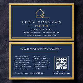 Cartão De Visita Placa QR Code Pintor de Casas Dourado Azul Pintura