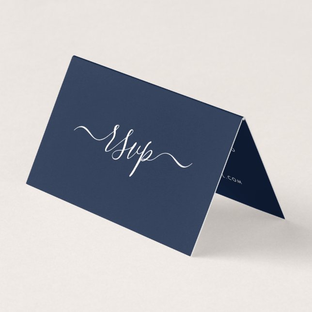 Cartão De Visita Placa RSVP de Fotografia Simples de Script Azul e  (Frente)