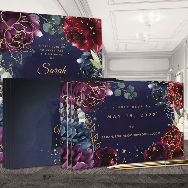 Cartão De Visita Placa RSVP Online de Casamento de Marinho Burgundy (Criador carregado)