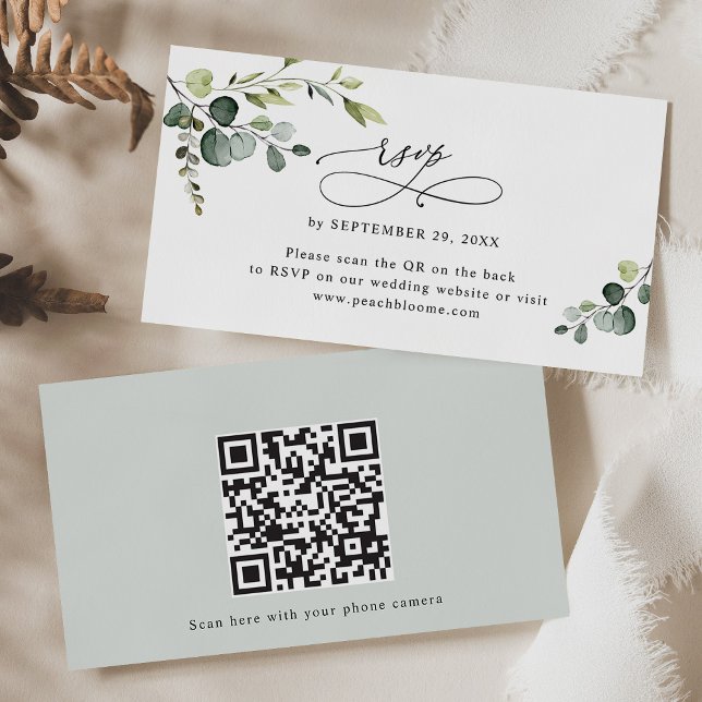 Cartão De Visita Placas RSVP de Código QR de Casamento Eucalyptus G (Criador carregado)