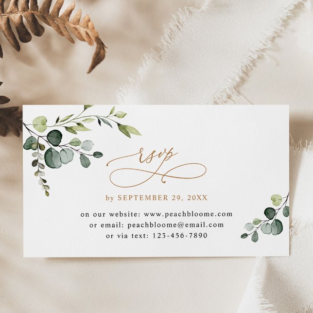 Cartão De Visita Placas RSVP Online de Casamento Dourado Eucalyptus (Criador carregado)