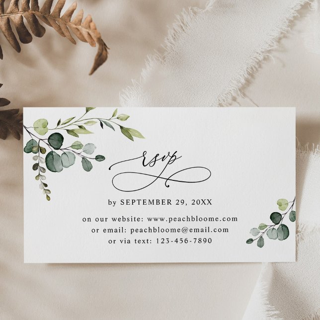 Cartão De Visita Placas RSVP Online de Casamento Eucalyptus Greener (Criador carregado)