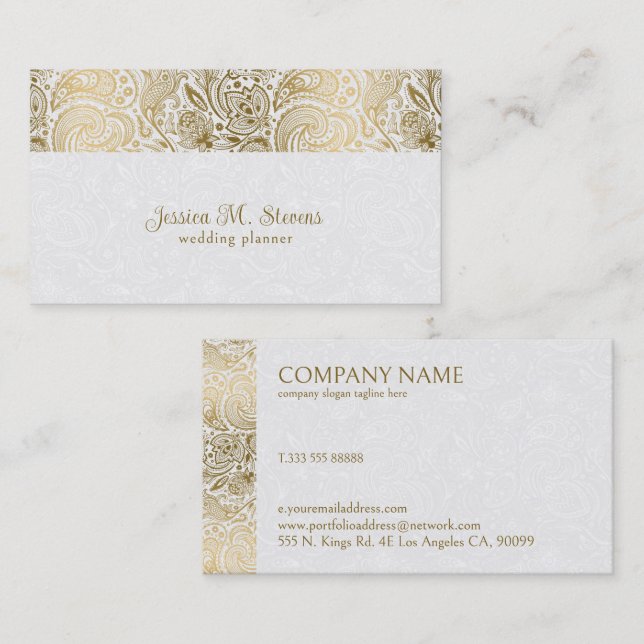 Cartão De Visita Planeador De Casamento De Paisley Floral Dourado E (Frente/Verso)