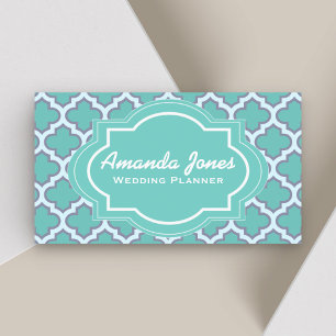 Cartão De Visita Planeador de Casamento de Teal Quatrefoil Elegante