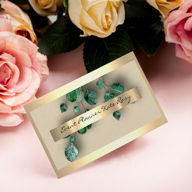 Cartão De Visita Planeador de Evento Dourado Eucaliptus Verde de Ca (Criador carregado)