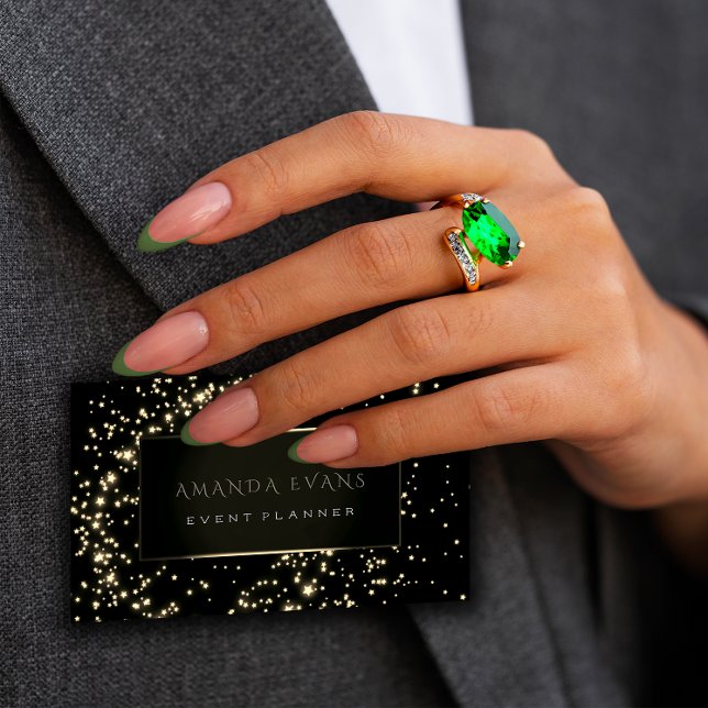 Cartão De Visita Planeador de Eventos - Frame Preto Estrelas Dourad (Hair Mint Drip Glitter Coiffure Instagra Scissors Business Card)