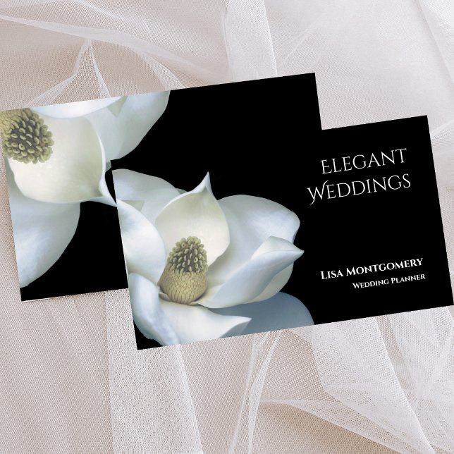 Cartão De Visita Planejador Caseiro Magnólia Negra e Branca (Wedding Planner Elegant Magnolia Black & White Business)