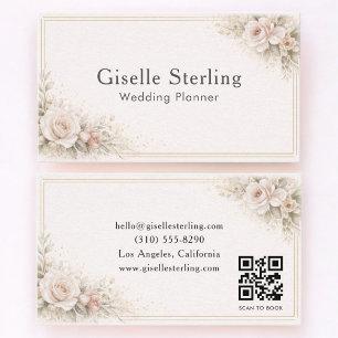 Cartão De Visita Planejador de Casamento Código QR Neutro Floral