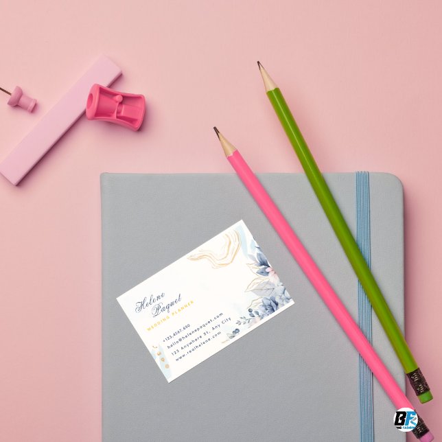 Cartão De Visita Planejador de Casamento Dourado e Azul (Criador carregado)