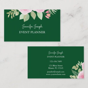 Cartão De Visita Planejador de Eventos Floral Rosa Verde Esmeralda