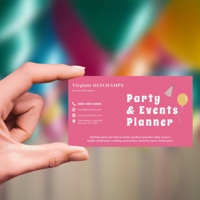 Cartão De Visita Planejador de Festa & Eventos Rosa (Party & Events Planner Pink Business Card)