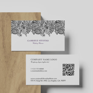 Cartão De Visita Planner de Casamento de Paisley Preto e Branco