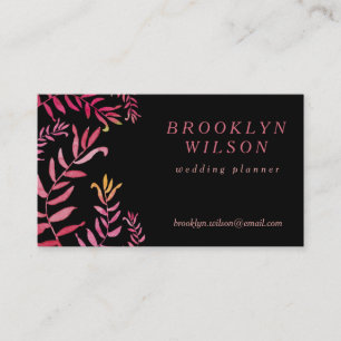Cartão De Visita Planner de Casamento Preto com Folhas Rosa