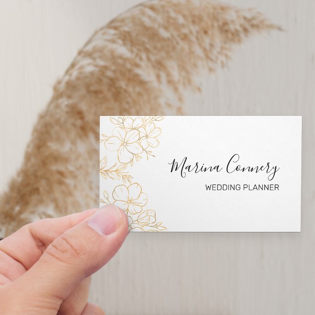 Cartão De Visita Planner Dourado de Casamento de Desenho de Linha F (Horizontal Business Card with elegant gold flowers)