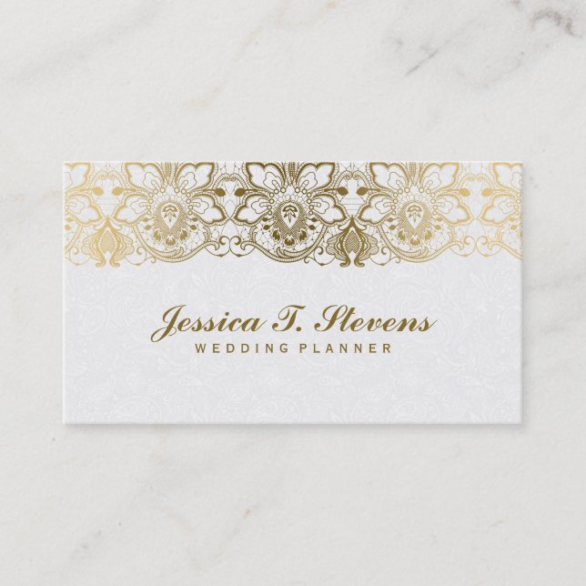Cartão De Visita Planner Elegante Dourado E Branco De Casamento De  (Frente)